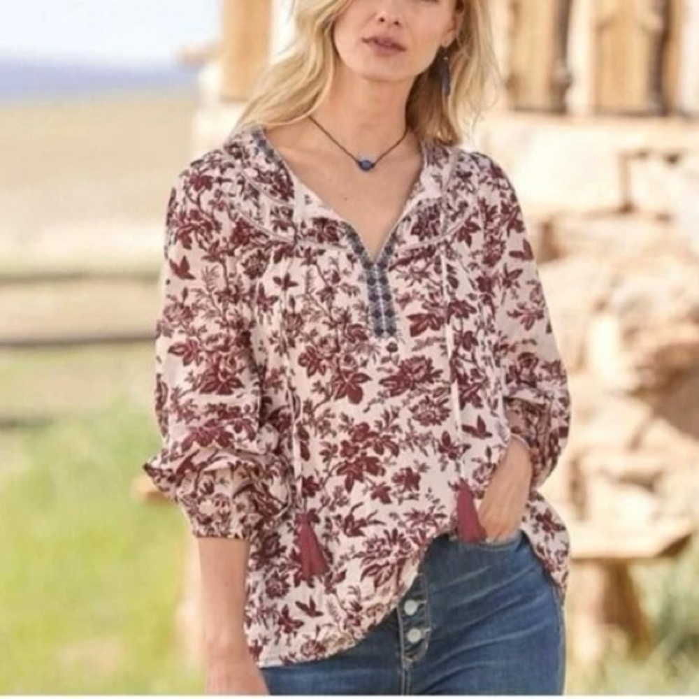 Sundance‎ Lois Toile Bird Print Peasant Blouse Boho Romantic Cottage  Country M